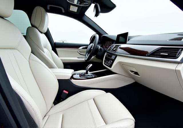 A pristine BMW interior with clean white leather seats and detailed dashboard