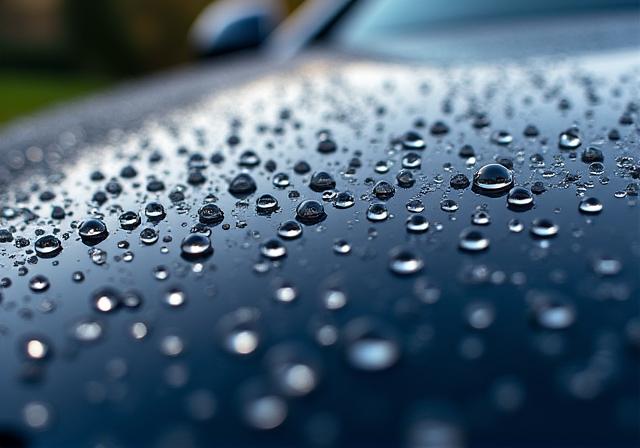 Perfect water beading on a Mercedes-Benz hood, demonstrating hydrophobic properties