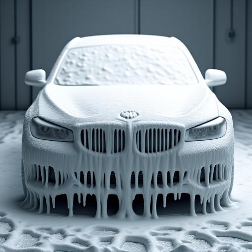 A car covered in thick foam during a pre-wash stage