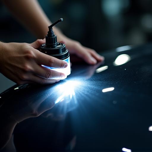 A detailer inspects a car's paint with a specialized light